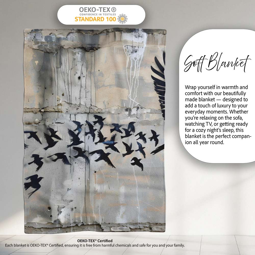 Flying Black Birds Flock Urban Graffiti Wall Art, All Season Comfort, Gift for Adults and Teens - Super Soft Fleece Blanket Bed Sofa Throw