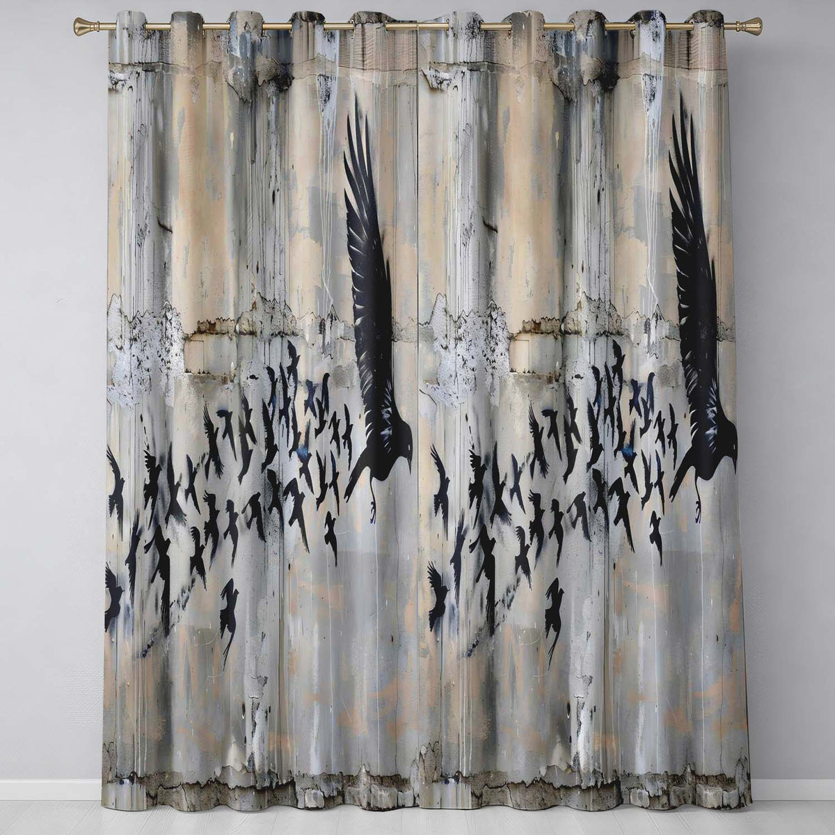 Flying Black Birds Flock Urban Graffiti Wall Art Decorative Design for Home Decor Readymade Eyelet Ring Top Thermal 100% Blackout Curtains