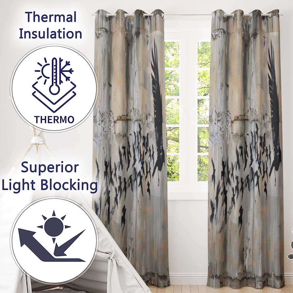Flying Black Birds Flock Urban Graffiti Wall Art Decorative Design for Home Decor Readymade Eyelet Ring Top Thermal 100% Blackout Curtains