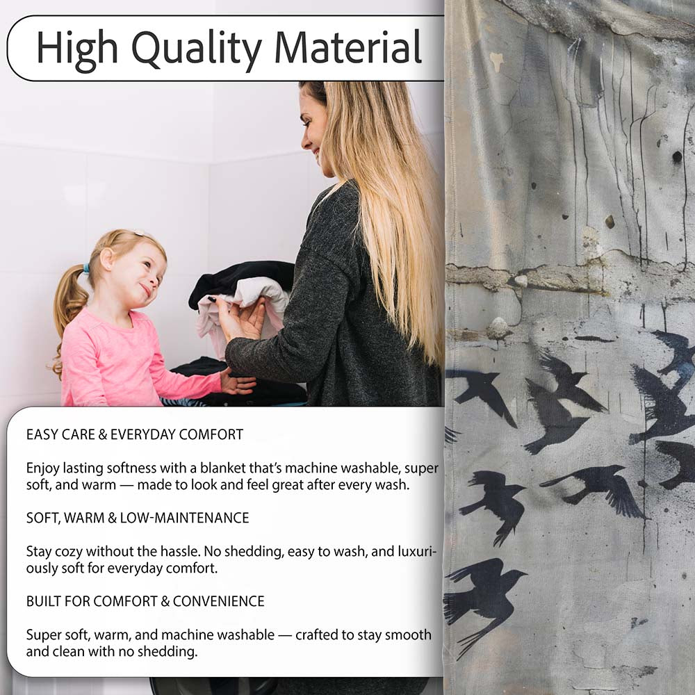 Flying Black Birds Flock Urban Graffiti Wall Art, All Season Comfort, Gift for Adults and Teens - Super Soft Fleece Blanket Bed Sofa Throw