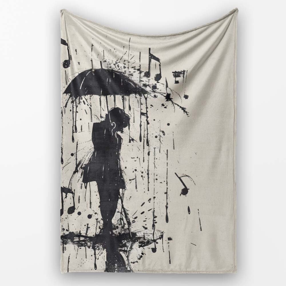 Musical Couple Under Umbrella Black Silhouette Art, All Season Comfort, Stylish Room Decoration - Super Soft Fleece Blanket Bed Sofa Throw