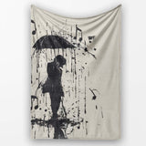 Musical Couple Under Umbrella Black Silhouette Art, All Season Comfort, Stylish Room Decoration - Super Soft Fleece Blanket Bed Sofa Throw
