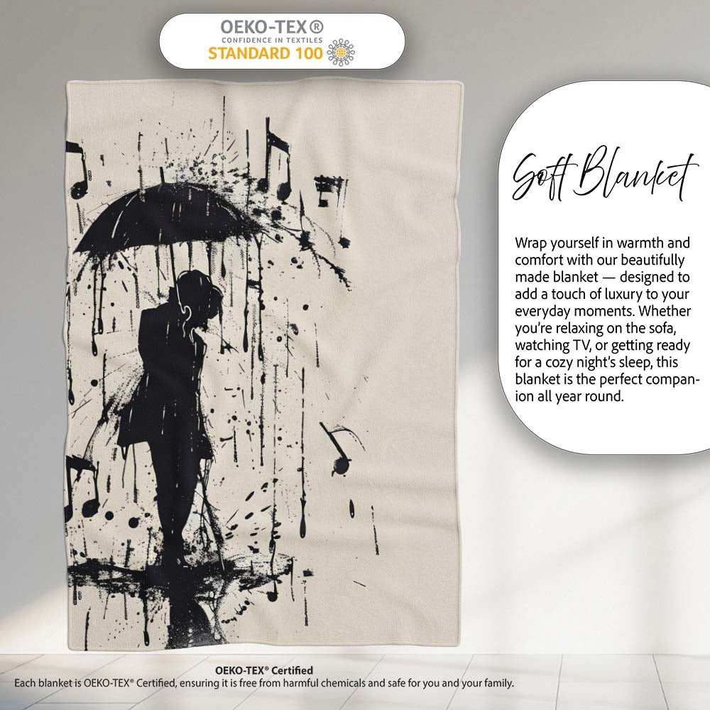 Musical Couple Under Umbrella Black Silhouette Art, All Season Comfort, Stylish Room Decoration - Super Soft Fleece Blanket Bed Sofa Throw