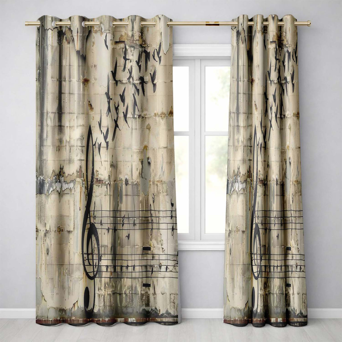 Beige Musical Staff and Flying Birds Street Art Elegant Artwork for Bedroom Decor Readymade Eyelet Ring Top Thermal 100% Blackout Curtains