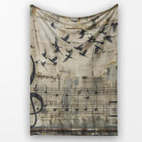 Beige Musical Staff and Flying Birds Street Art, Bedroom Living Room Accent, All Season Comfort - Super Soft Fleece Blanket Bed Sofa Throw