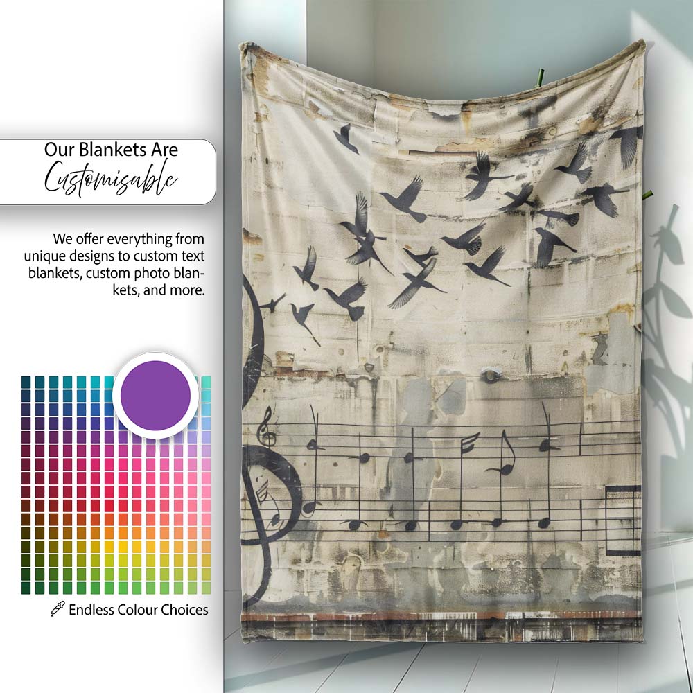 Beige Musical Staff and Flying Birds Street Art, Bedroom Living Room Accent, All Season Comfort - Super Soft Fleece Blanket Bed Sofa Throw