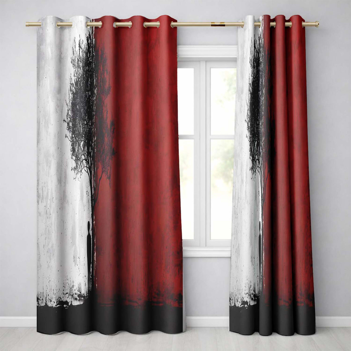 Red White Split Tree and Lone Figure Abstract Art Distinctive Artistic Home Decor Readymade Eyelet Ring Top Thermal 100% Blackout Curtains