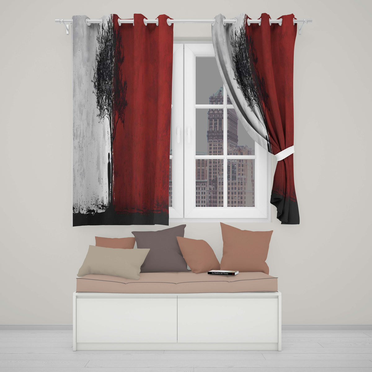 Red White Split Tree and Lone Figure Abstract Art Distinctive Artistic Home Decor Readymade Eyelet Ring Top Thermal 100% Blackout Curtains