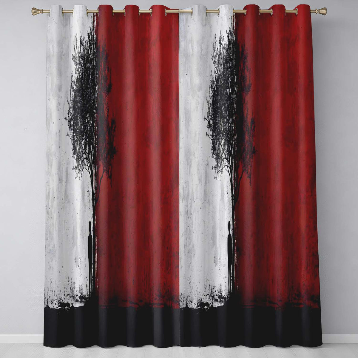 Red White Split Tree and Lone Figure Abstract Art Distinctive Artistic Home Decor Readymade Eyelet Ring Top Thermal 100% Blackout Curtains