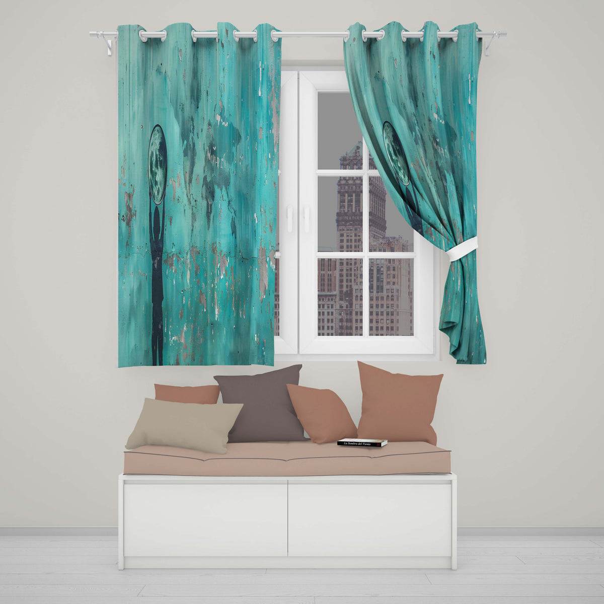 Turquoise Child Holding Moon Globe Street Art Stylish Bold Artwork for Home Decor Readymade Eyelet Ring Top Thermal 100% Blackout Curtains