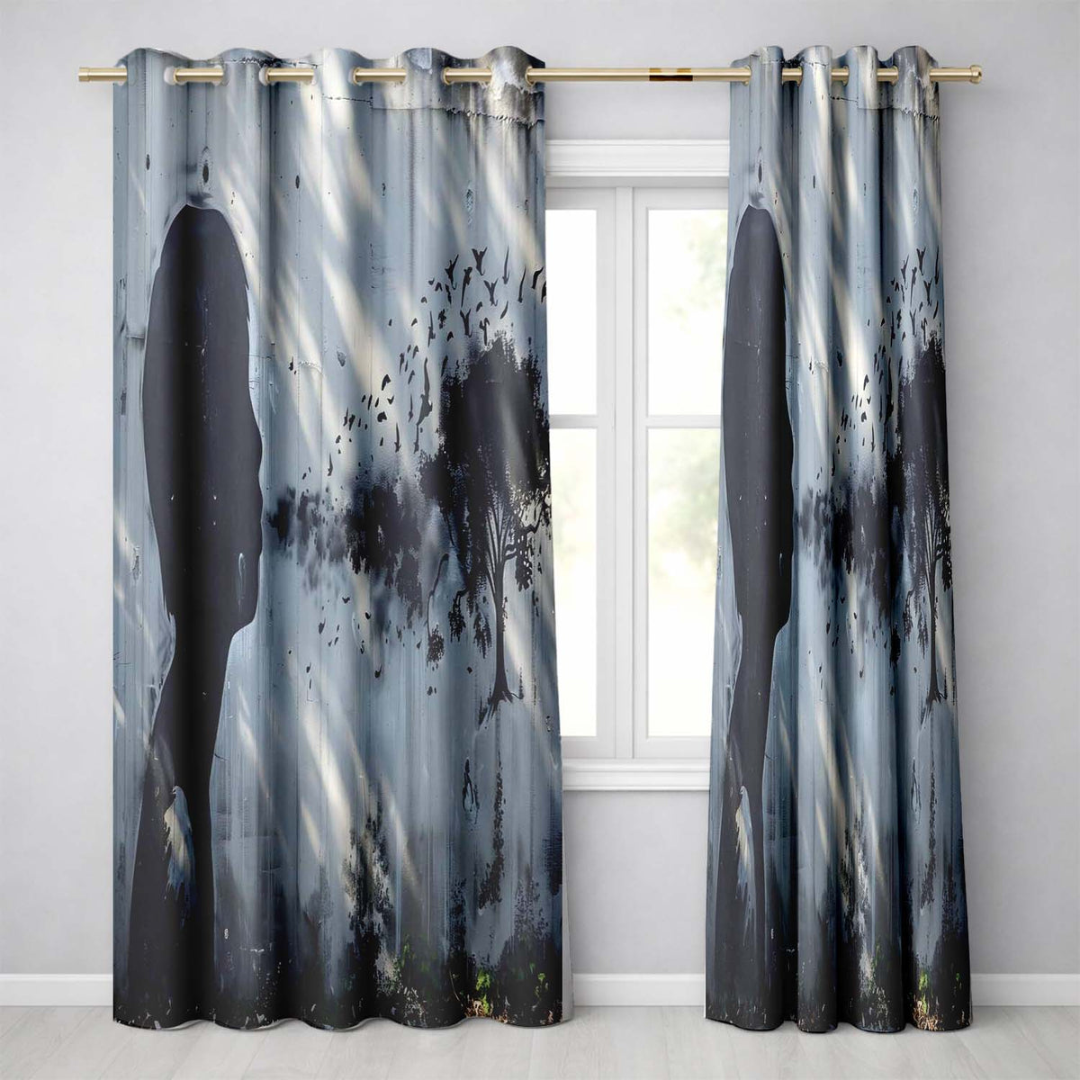 Monochrome Child Profile Birds and Tree Dreamscape Art Modern Wall Art Home Decor Readymade Eyelet Ring Top Thermal 100% Blackout Curtains
