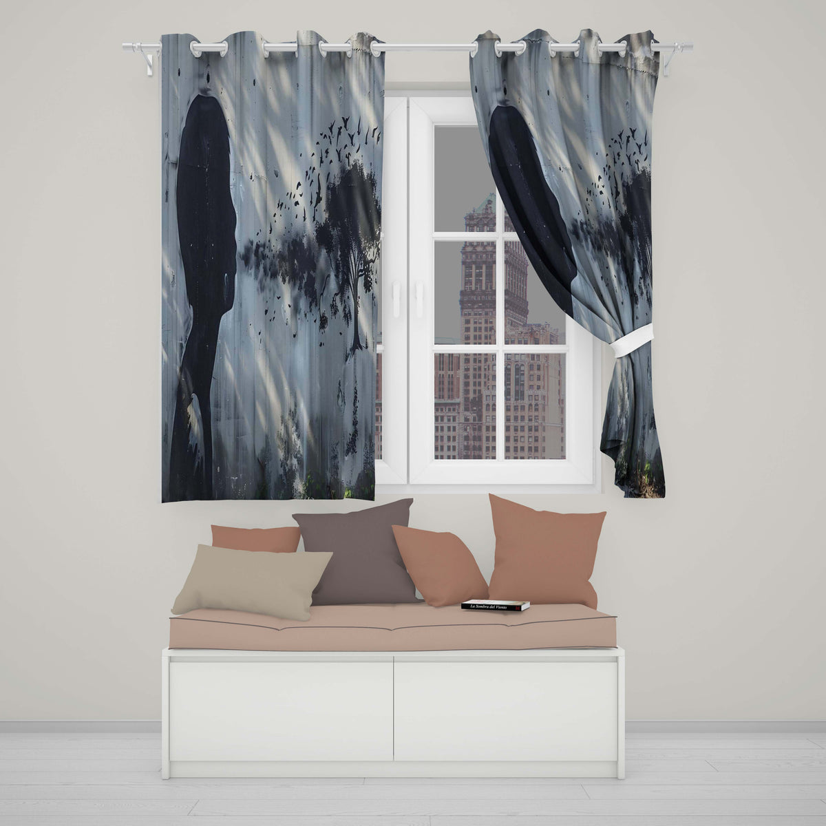 Monochrome Child Profile Birds and Tree Dreamscape Art Modern Wall Art Home Decor Readymade Eyelet Ring Top Thermal 100% Blackout Curtains