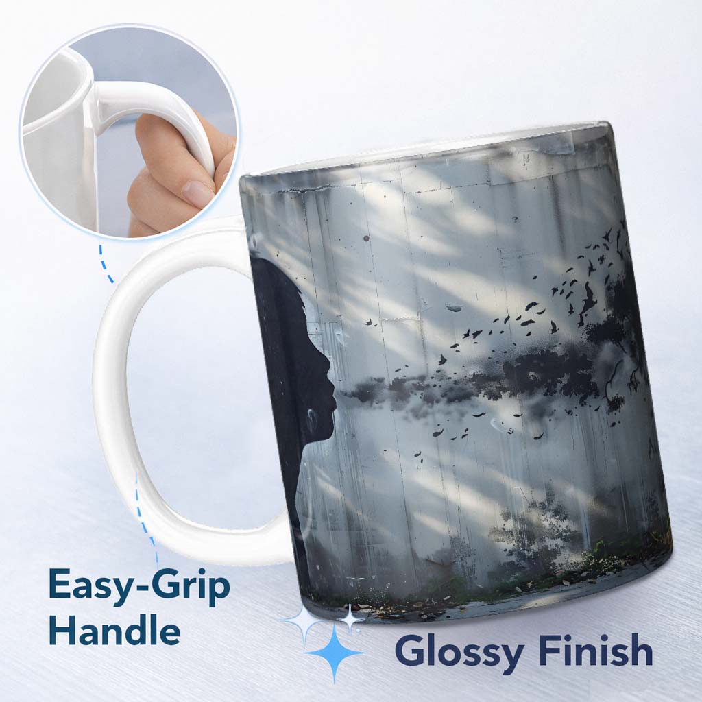 Monochrome Child Profile Birds and Tree Dreamscape Art 11oz Ceramic Coffee Tea Mug White Large Handle