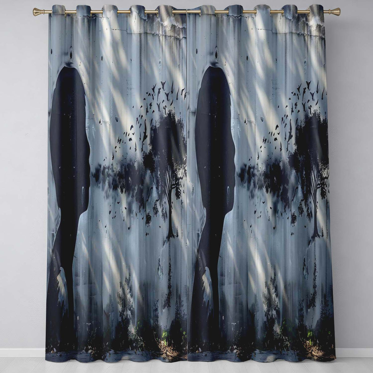 Monochrome Child Profile Birds and Tree Dreamscape Art Modern Wall Art Home Decor Readymade Eyelet Ring Top Thermal 100% Blackout Curtains
