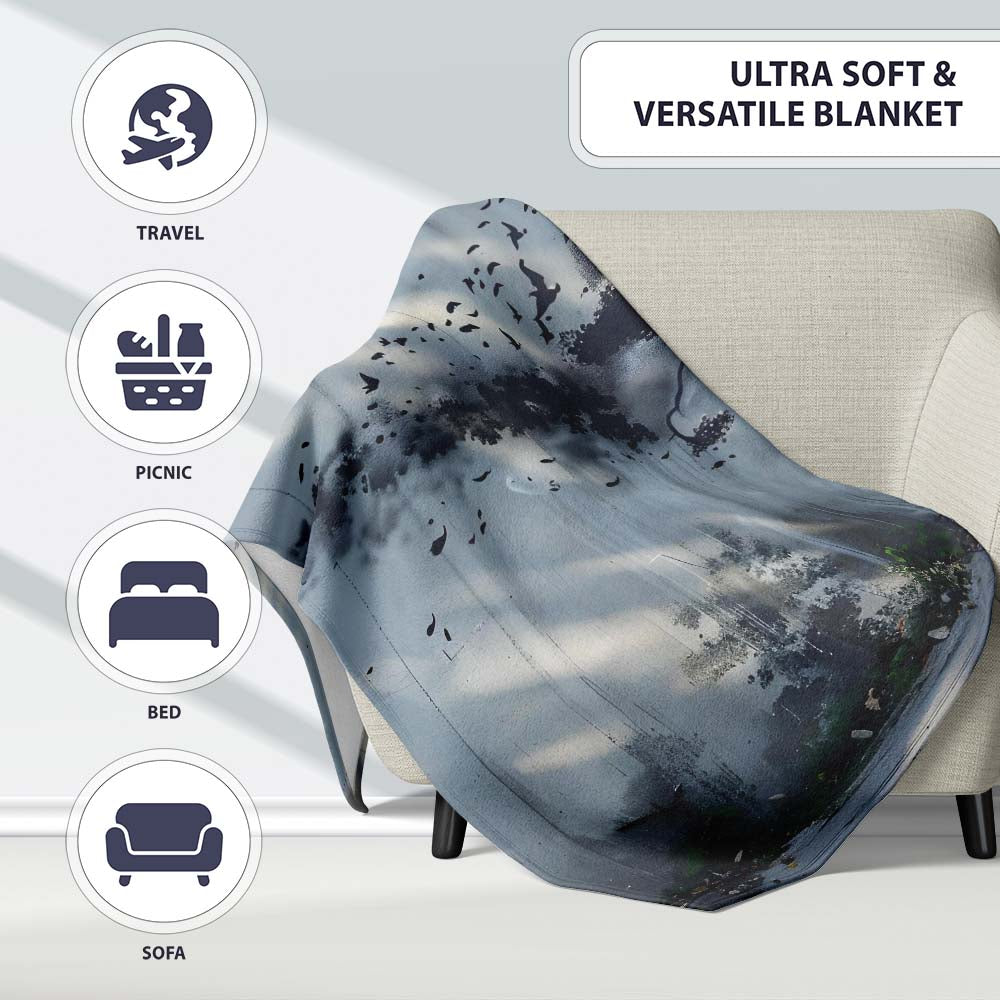 Monochrome Child Profile Birds and Tree Dreamscape Art, Decorative Comfortable Everyday Comfort - Super Soft Fleece Blanket Bed Sofa Throw