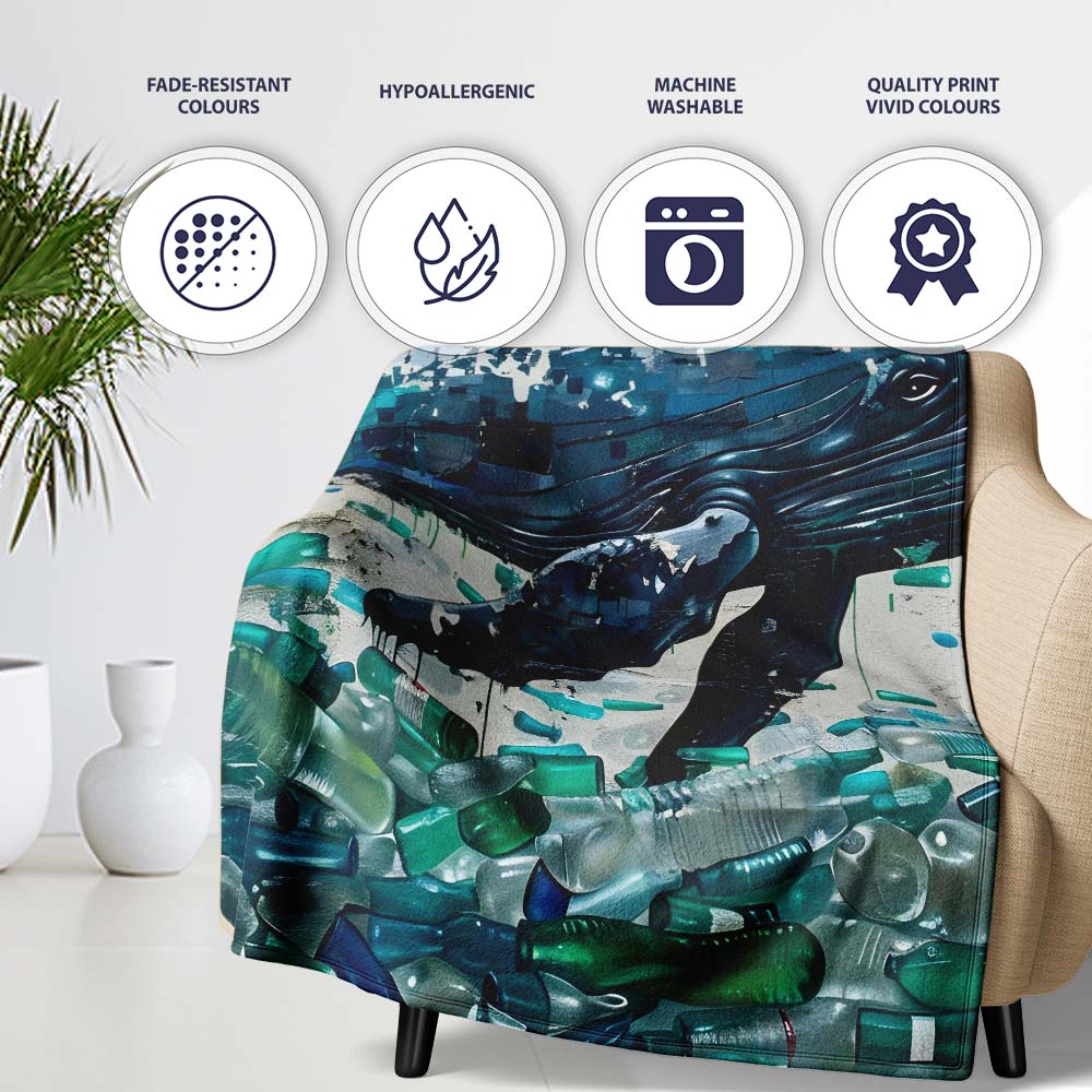 Blue Whale and Plastic Pollution Ocean Street Art, All Season Comfort, Comfortable Everyday Use - Super Soft Fleece Blanket Bed Sofa Throw