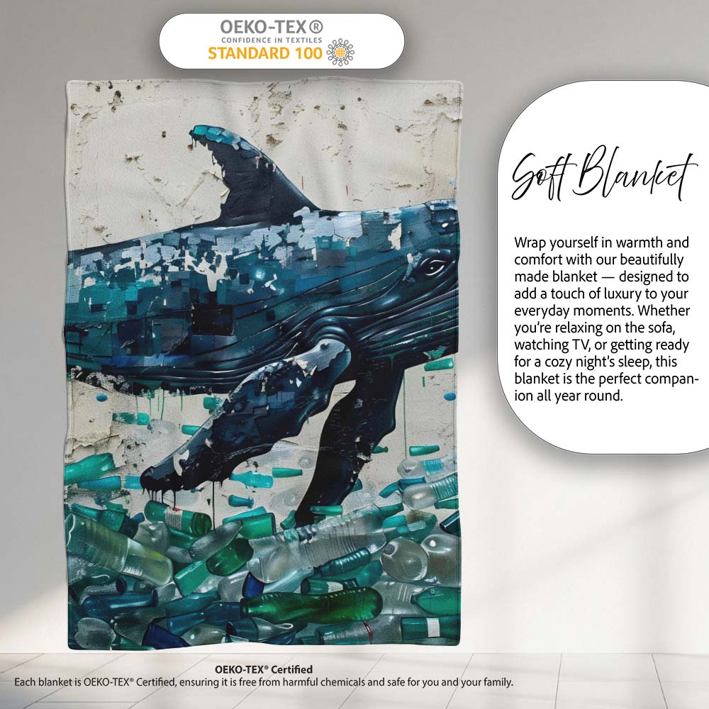 Blue Whale and Plastic Pollution Ocean Street Art, All Season Comfort, Comfortable Everyday Use - Super Soft Fleece Blanket Bed Sofa Throw