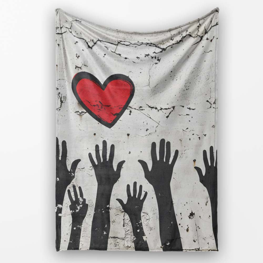 Red Heart Above Raised Hands Community Street Art, All Season Comfort, Comfortable Everyday Use - Super Soft Fleece Blanket Bed Sofa Throw
