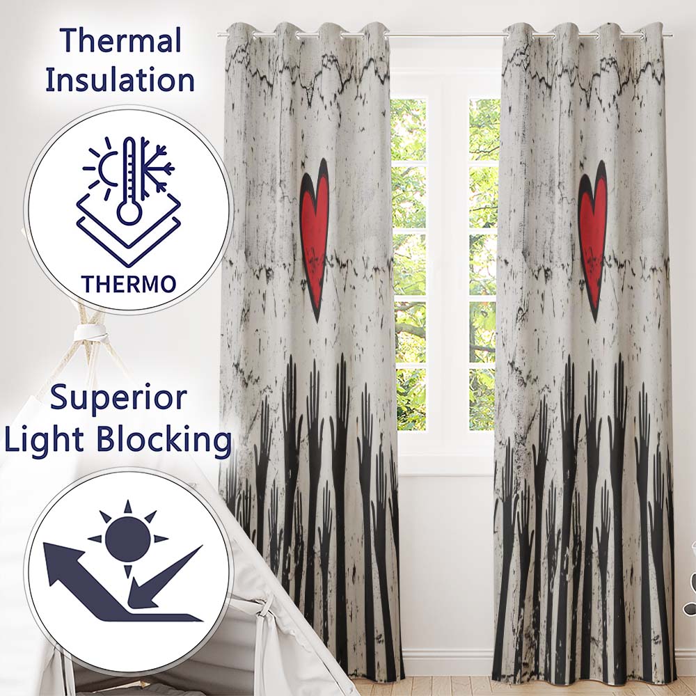Red Heart Above Raised Hands Community Street Art Distinctive Wall Art Home Decor Readymade Eyelet Ring Top Thermal 100% Blackout Curtains