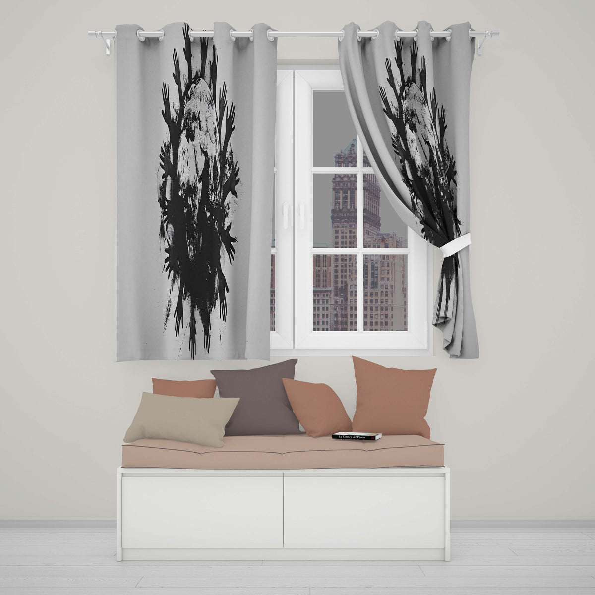Global Unity Earth With Reaching Hands Monochrome Art Vibrant Artistic Home Decor Readymade Eyelet Ring Top Thermal 100% Blackout Curtains