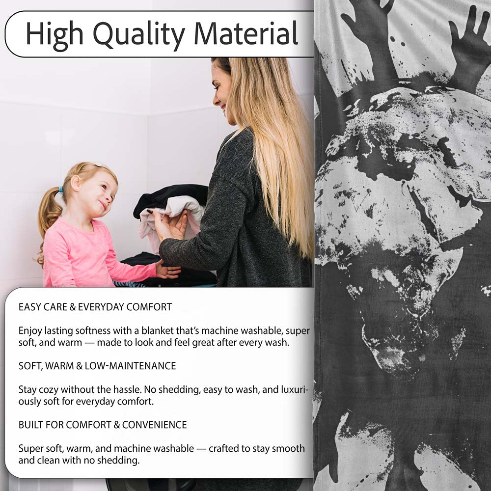 Global Unity Earth With Reaching Hands Monochrome Art, Decorative Comfortable Housewarming Gift - Super Soft Fleece Blanket Bed Sofa Throw