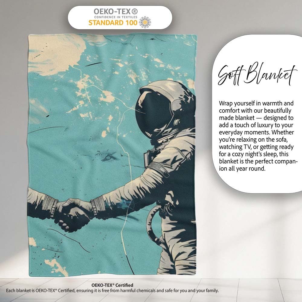 Turquoise Astronaut Handshake Space Exploration Art, All Season Comfort, Modern Interior Accent - Super Soft Fleece Blanket Bed Sofa Throw