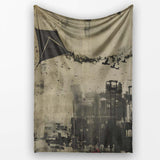 Urban Kite Flying Over Industrial City Silhouette Art, Decorative Comfortable Housewarming Gift - Super Soft Fleece Blanket Bed Sofa Throw