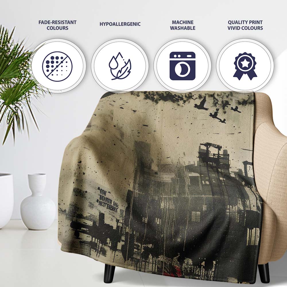Urban Kite Flying Over Industrial City Silhouette Art, Decorative Comfortable Housewarming Gift - Super Soft Fleece Blanket Bed Sofa Throw