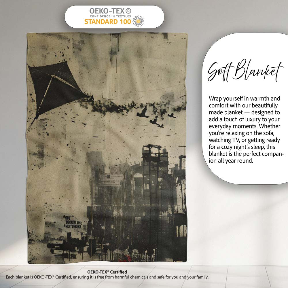 Urban Kite Flying Over Industrial City Silhouette Art, Decorative Comfortable Housewarming Gift - Super Soft Fleece Blanket Bed Sofa Throw