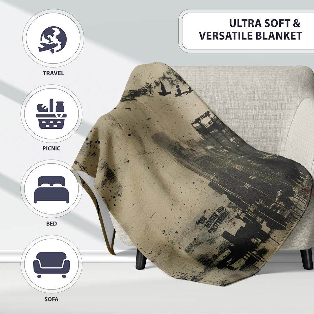 Urban Kite Flying Over Industrial City Silhouette Art, Decorative Comfortable Housewarming Gift - Super Soft Fleece Blanket Bed Sofa Throw