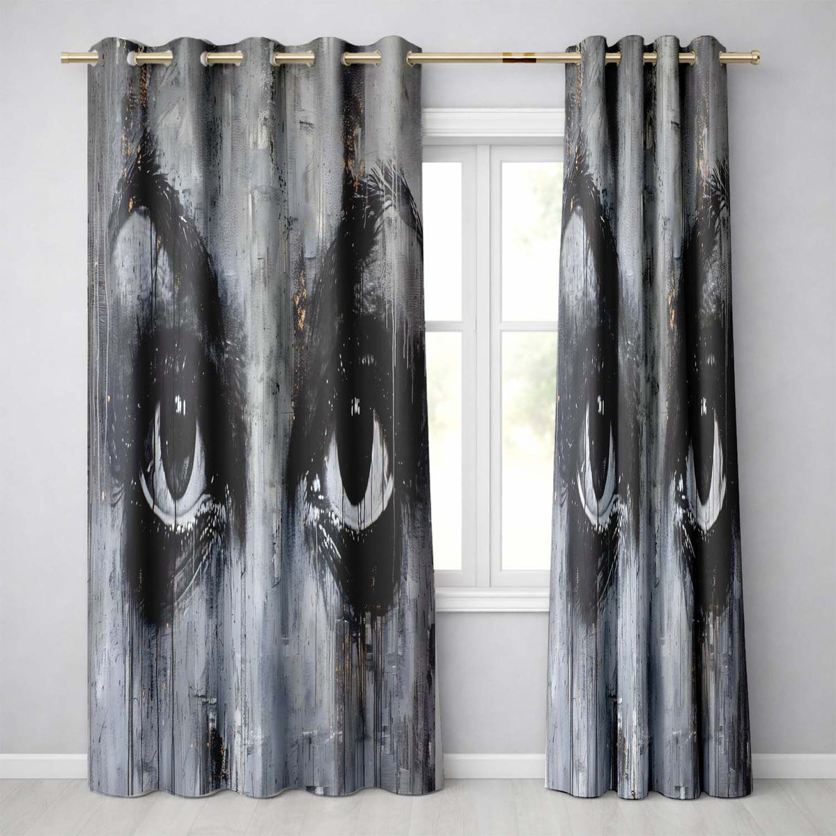 Monochrome Expressive Eyes With Gold Detail Abstract Art Bold Wall Art Home Decor Readymade Eyelet Ring Top Thermal 100% Blackout Curtains