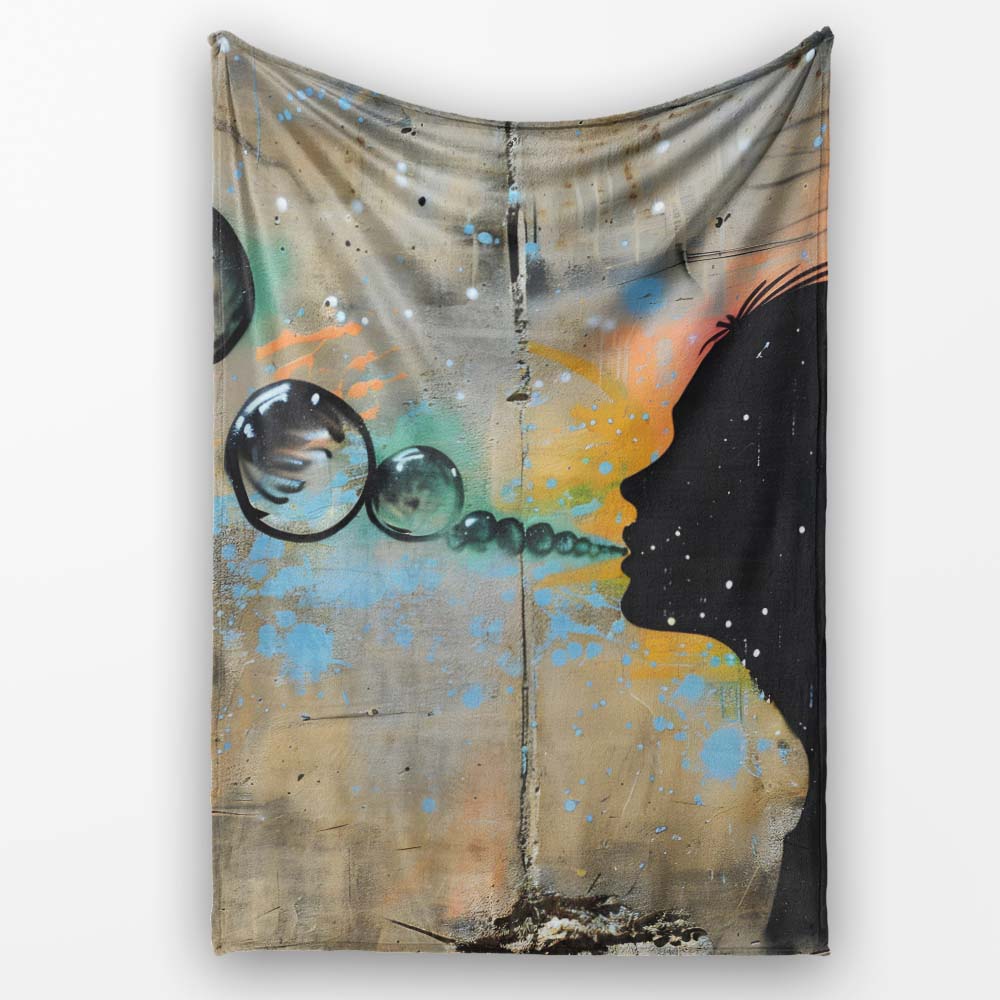 Girl Blowing Reflective Bubbles Colourful Street Art, Lightweight Comfortable Decorative Accent - Super Soft Fleece Blanket Bed Sofa Throw