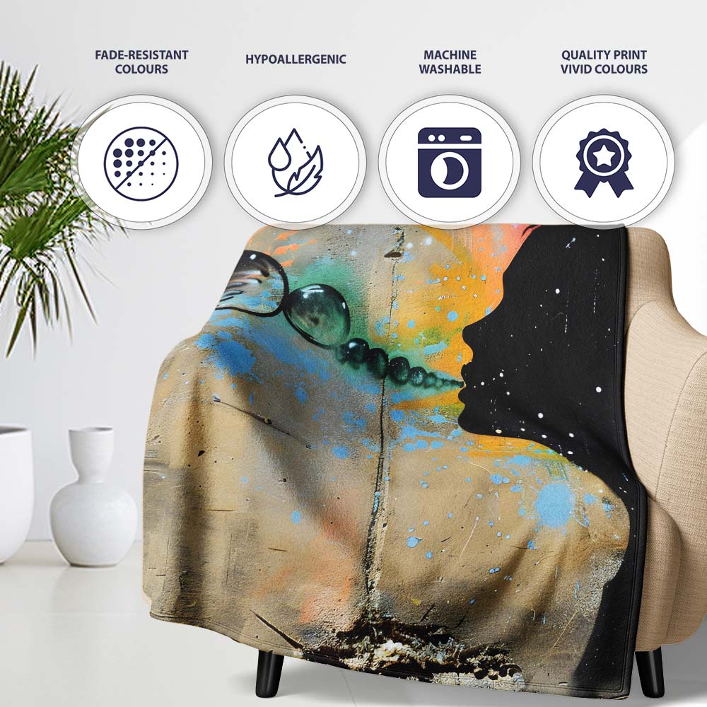 Girl Blowing Reflective Bubbles Colourful Street Art, Lightweight Comfortable Decorative Accent - Super Soft Fleece Blanket Bed Sofa Throw