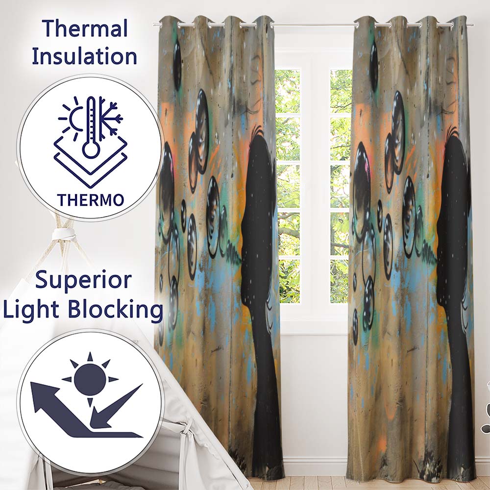 Girl Blowing Reflective Bubbles Colourful Street Art Artistic Wall Art Home Decor Readymade Eyelet Ring Top Thermal 100% Blackout Curtains