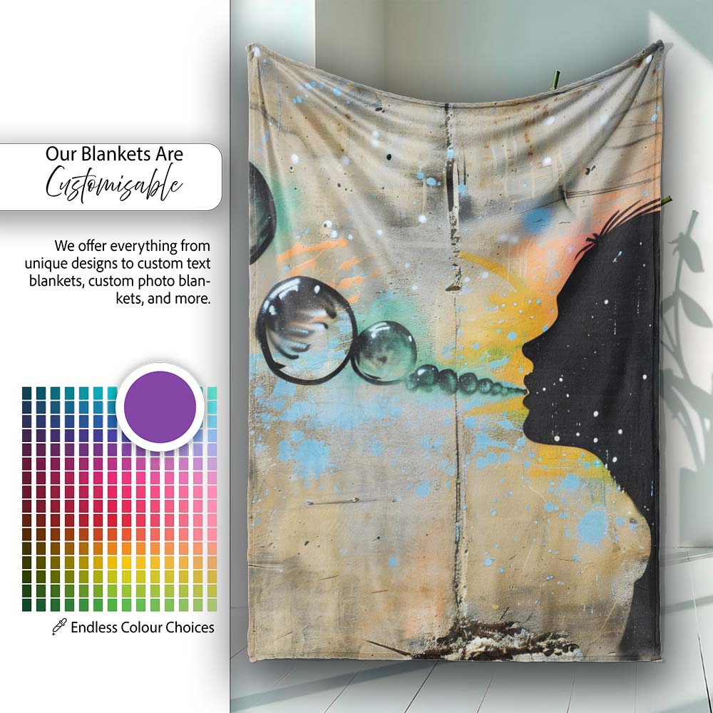 Girl Blowing Reflective Bubbles Colourful Street Art, Lightweight Comfortable Decorative Accent - Super Soft Fleece Blanket Bed Sofa Throw