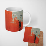 Red Minimal Figure Reaching for Flying Bird Art 11oz Ceramic Coffee Tea Mug White Large Handle