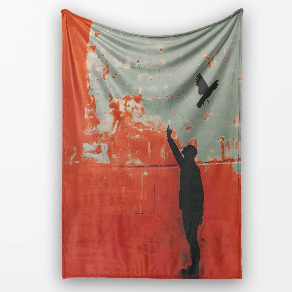 Red Minimal Figure Reaching for Flying Bird Art, Bedroom Living Room Accent, All Season Comfort - Super Soft Fleece Blanket Bed Sofa Throw