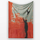 Red Minimal Figure Reaching for Flying Bird Art, Bedroom Living Room Accent, All Season Comfort - Super Soft Fleece Blanket Bed Sofa Throw