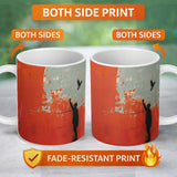 Red Minimal Figure Reaching for Flying Bird Art 11oz Ceramic Coffee Tea Mug White Large Handle
