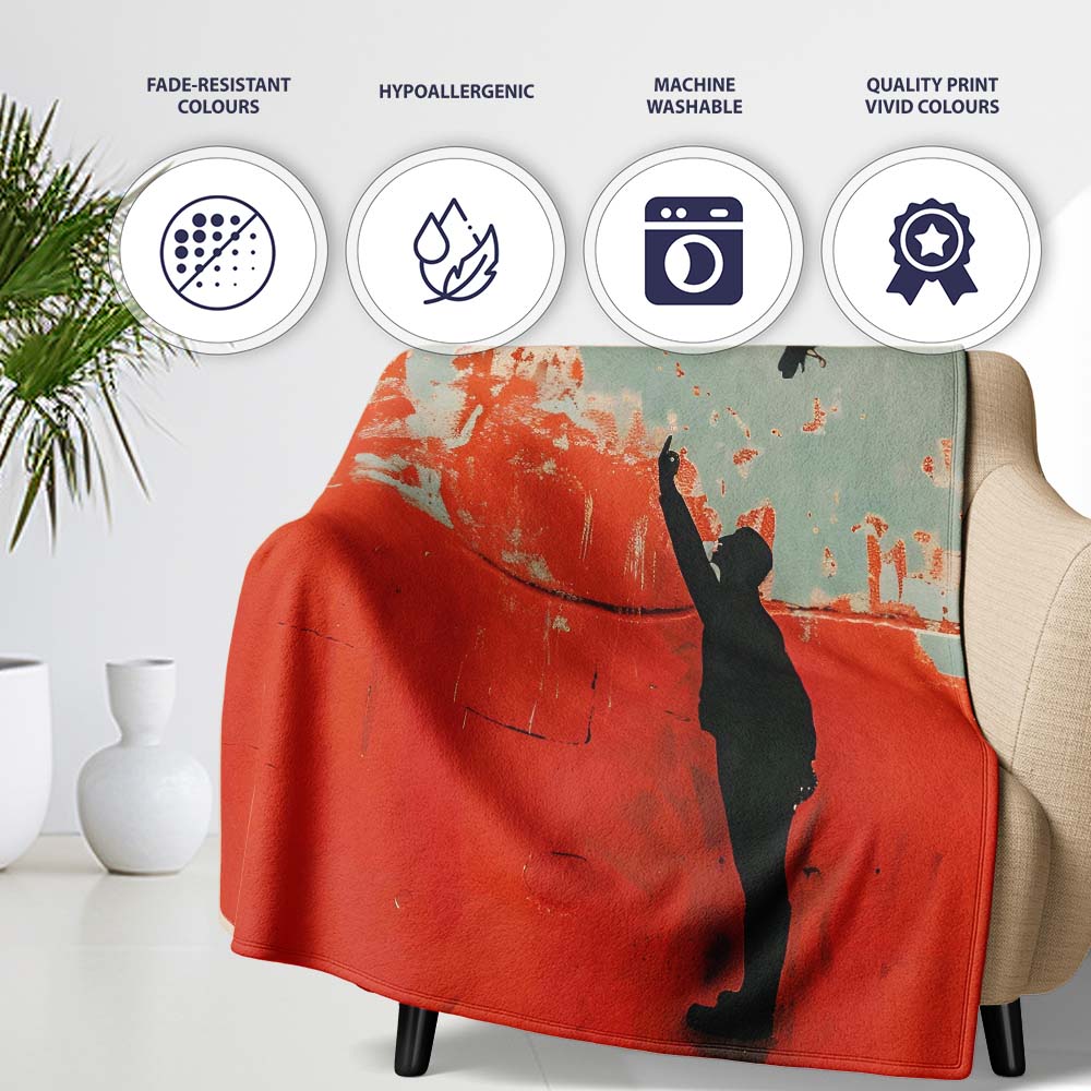 Red Minimal Figure Reaching for Flying Bird Art, Bedroom Living Room Accent, All Season Comfort - Super Soft Fleece Blanket Bed Sofa Throw