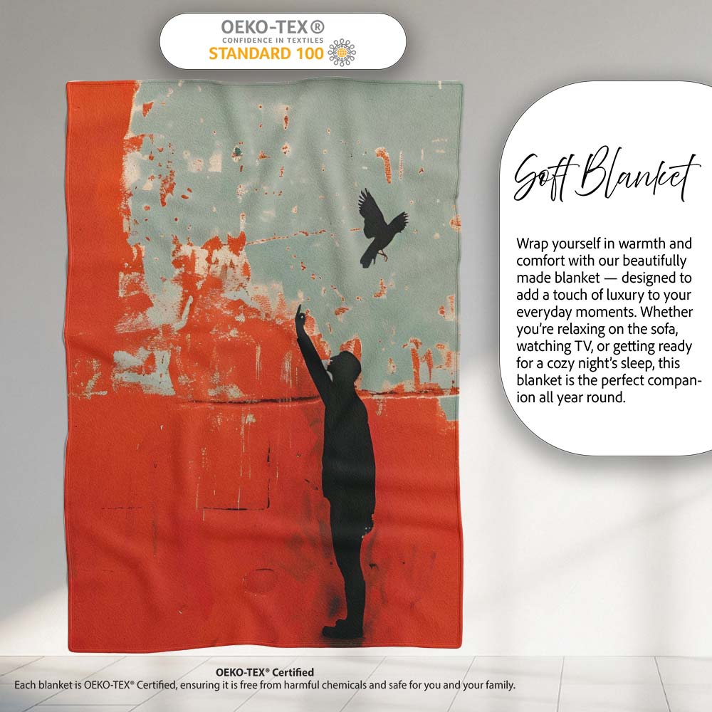 Red Minimal Figure Reaching for Flying Bird Art, Bedroom Living Room Accent, All Season Comfort - Super Soft Fleece Blanket Bed Sofa Throw