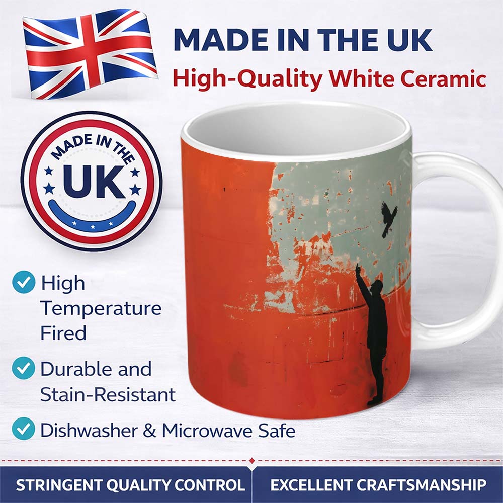 Red Minimal Figure Reaching for Flying Bird Art 11oz Ceramic Coffee Tea Mug White Large Handle