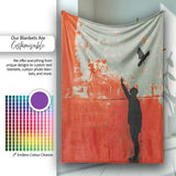 Red Minimal Figure Reaching for Flying Bird Art, Bedroom Living Room Accent, All Season Comfort - Super Soft Fleece Blanket Bed Sofa Throw