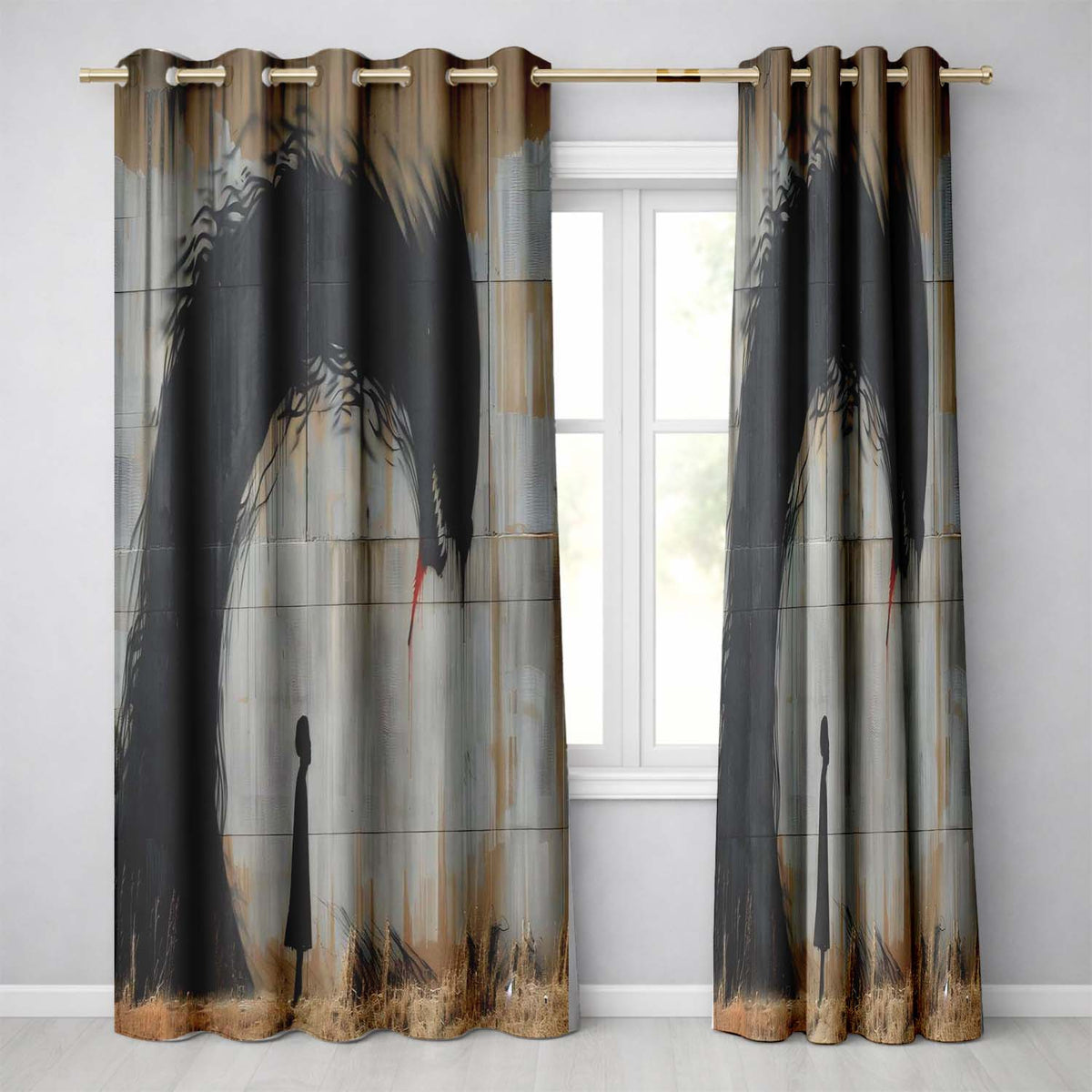 Giant Black Crow Looming Over Solitary Child Street Art Bold Wall Art Home Decor Readymade Eyelet Ring Top Thermal 100% Blackout Curtains
