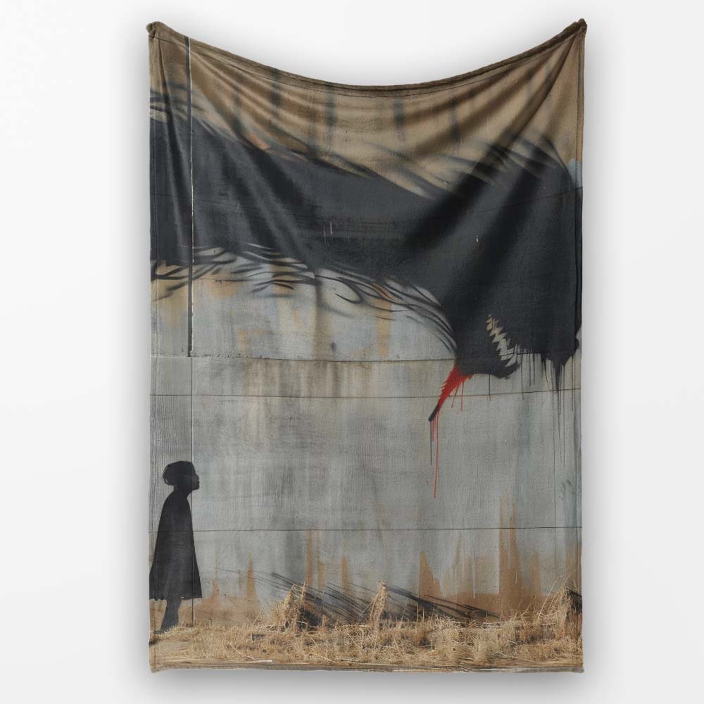Giant Black Crow Looming Over Solitary Child Street Art, Artistic Comfortable Decorative Accent - Super Soft Fleece Blanket Bed Sofa Throw