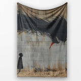 Giant Black Crow Looming Over Solitary Child Street Art, Artistic Comfortable Decorative Accent - Super Soft Fleece Blanket Bed Sofa Throw