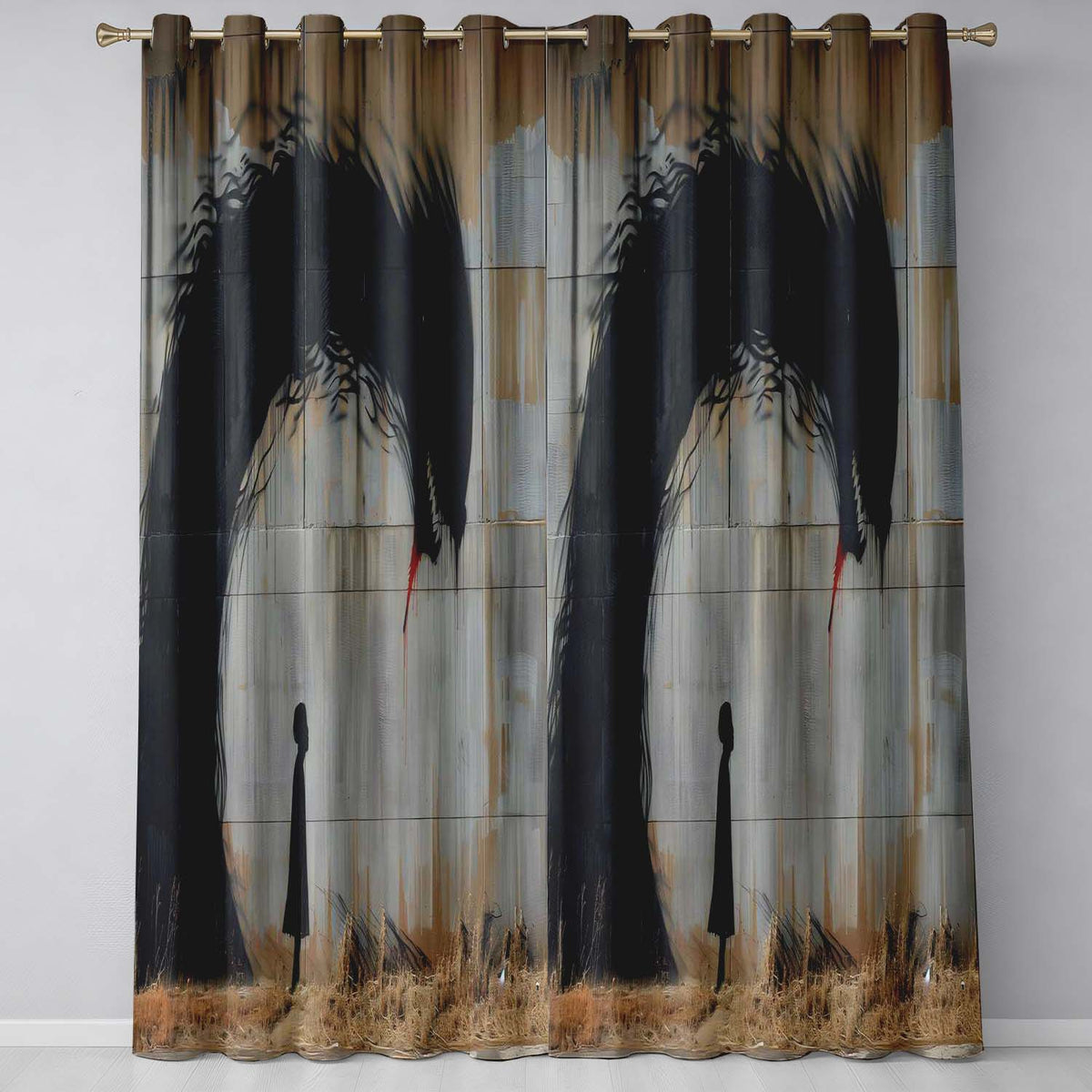 Giant Black Crow Looming Over Solitary Child Street Art Bold Wall Art Home Decor Readymade Eyelet Ring Top Thermal 100% Blackout Curtains