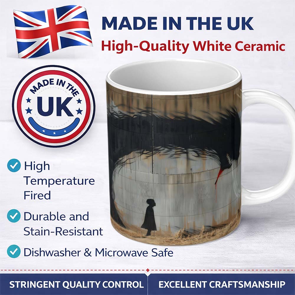 Giant Black Crow Looming Over Solitary Child Street Art 11oz Ceramic Coffee Tea Mug White Large Handle