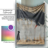Giant Black Crow Looming Over Solitary Child Street Art, Artistic Comfortable Decorative Accent - Super Soft Fleece Blanket Bed Sofa Throw