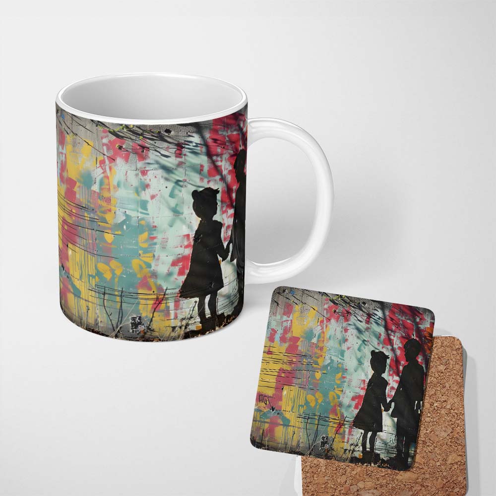 Children Holding Hands Colourful Graffiti Silhouette 11oz Ceramic Coffee Tea Mug White Large Handle